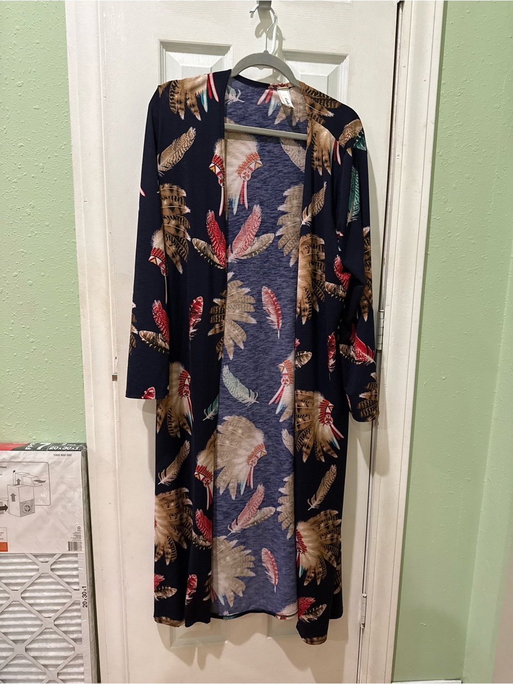 Navy Feather-Print Open Front Long Coat